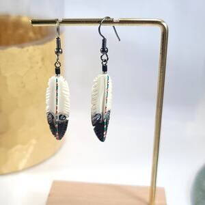 Handcrafted Feather Dangle Earrings, Black & White Beaded Feather Jewelry